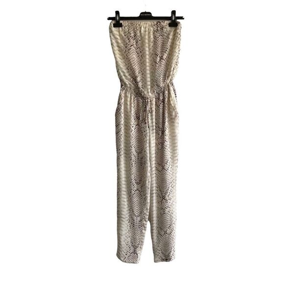 𝅺HAUTE HIPPIE Silk Snake Print Sleeveless Tube Pants Jumpsuit Brown Cream XS - Picture 1 of 11